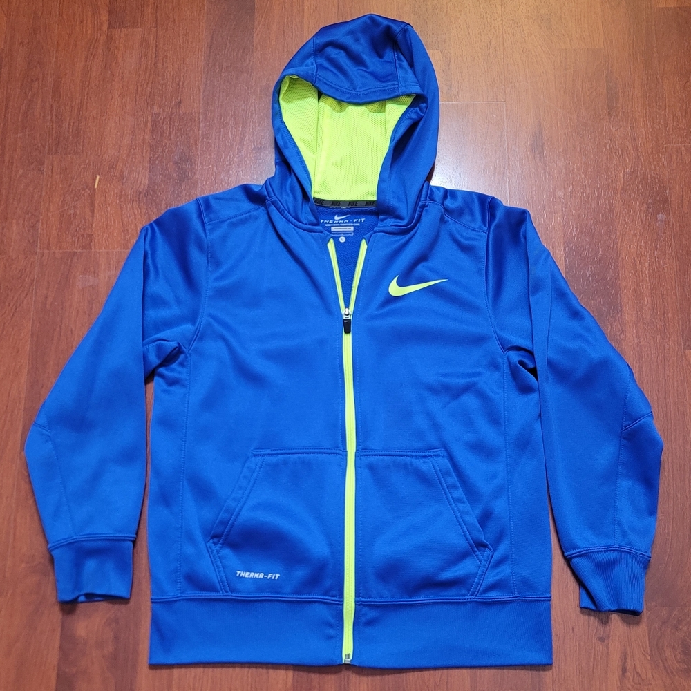 NIKE THERMA FIT Fleece Full Zip Hoodie  Blue and Neon Yellow Size Youth Large